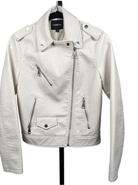 Express White Faux Leather Motorcycle Biker Racer Jacket Zip XS